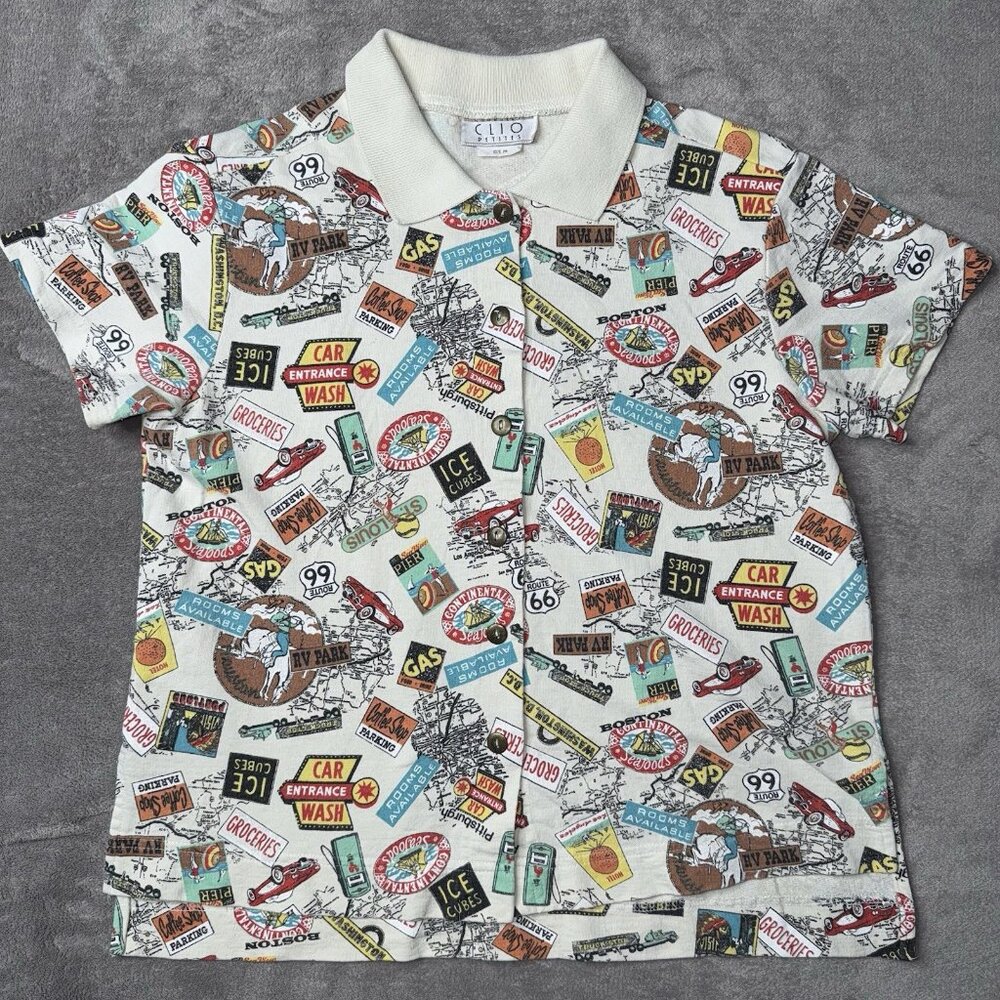 Clio Petites Button-up Shirt Women's PM Vintage 90's USA Americana AOP Novelty